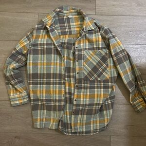 Aerie Seafoam Green, Grey & Yellow Flannel Button-Down Shirt Size Small